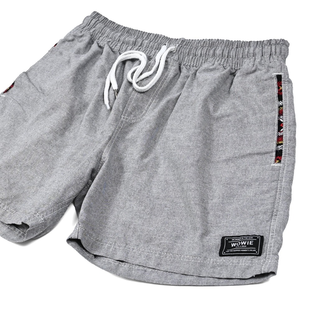 Wowie Men's Small Gray Cotton Drawstring Shorts W/Aztec Trim On Pockets Casual